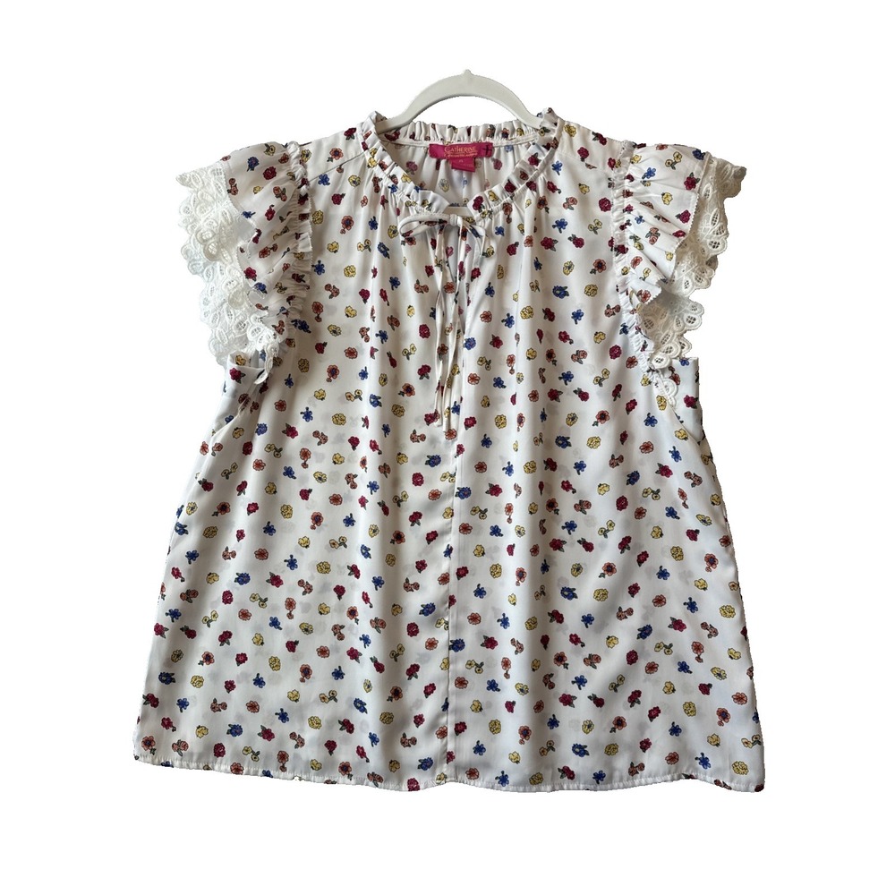 Catherine Malandrino White Rainbow Floral Eyelet Ruffle Sleeve Blouse XL Boho‎